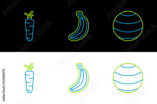 Set line Fitness ball, Carrot and Banana icon. Vector