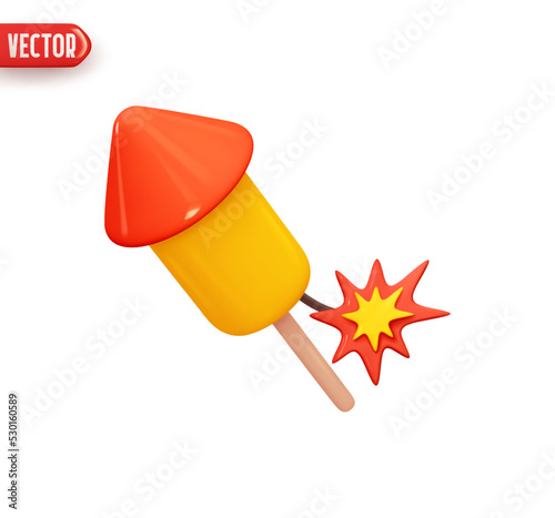 Fireworks on stick with spark of decor for holiday. Firecracker rocket launcher. Realistic 3d design element In plastic cartoon style. Icon isolated on white background. vector illustration