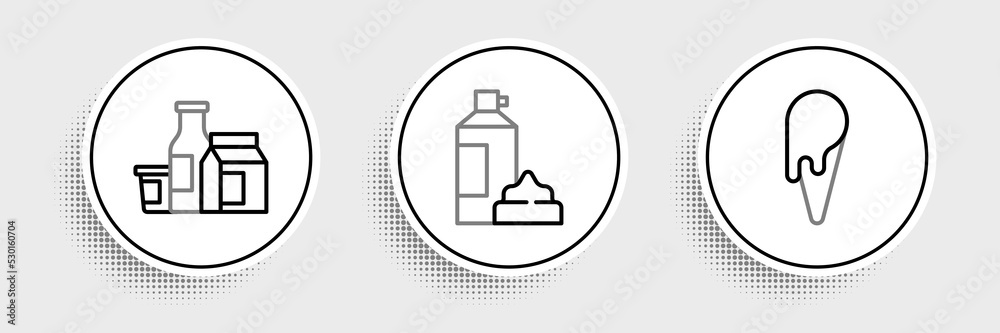 Set line Ice cream in waffle cone, Milk product and Whipped bottle icon. Vector Set line Ice cream in waffle cone, Milk product and Whipped bottle icon. Vector
