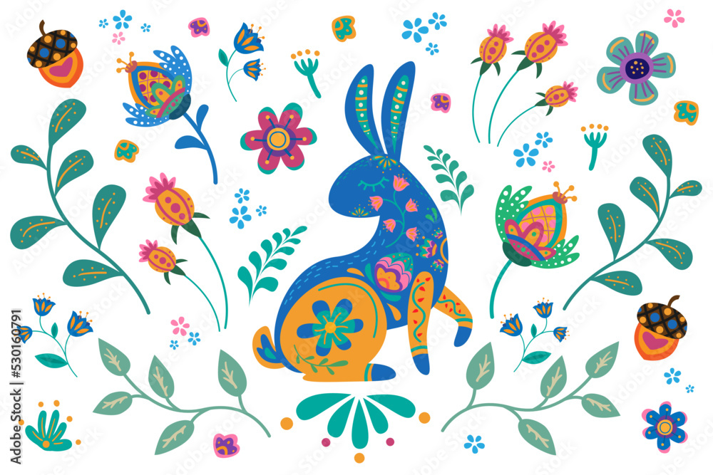 Rabbit with folk flower elements. Bunny in folk boho style.