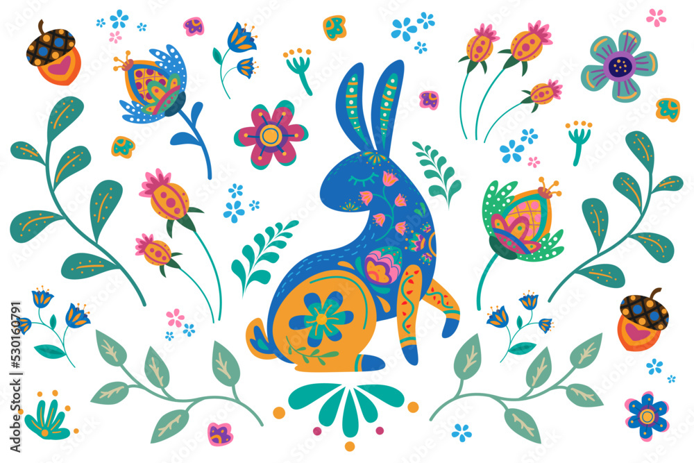 Rabbit with folk flower elements. Bunny in folk boho style. Rabbit with folk flower elements. Bunny in folk boho style.