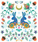 Rabbits with folk flower elements. Bunny in folk boho style. 