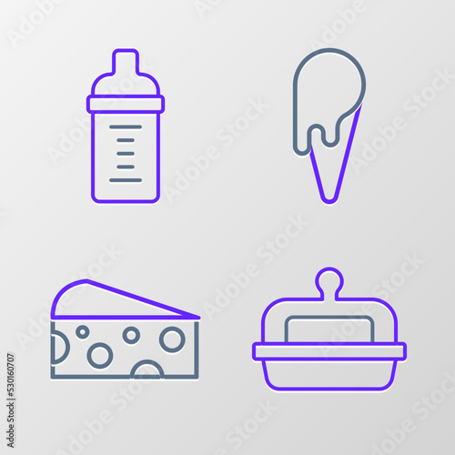 Set line Butter in a butter dish  Cheese  Ice cream waffle cone and Baby milk bottle icon. Vector