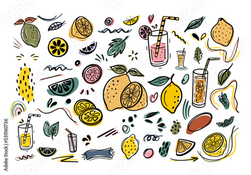 Set of lemon fresh juice mint summer hand drawn scribble doodle line art sketch vector illustration
