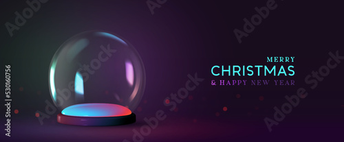 Christmas glowing glass winter snow balls in neon light. Realistic 3d design magical sphere transparent. Holiday decoration objects. Template podium studio. Xmas background. Vector illustration