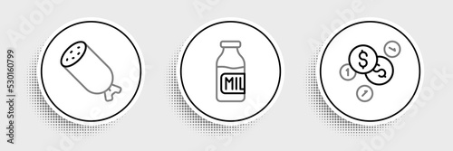 Set line Coin money with dollar, Salami sausage and Bottle milk icon. Vector