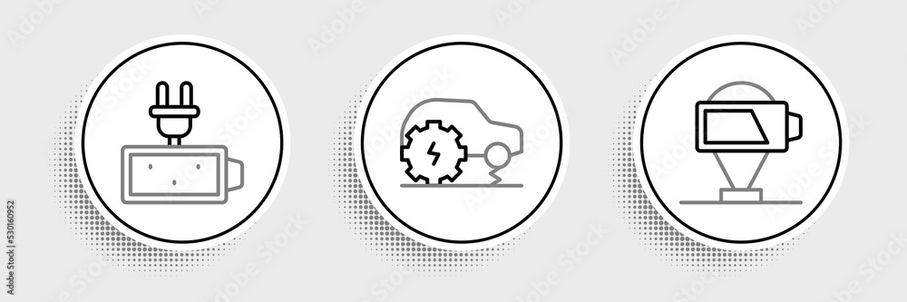 Set line Battery charge, and Electric car service icon. Vector Set line Battery charge, and Electric car service icon. Vector