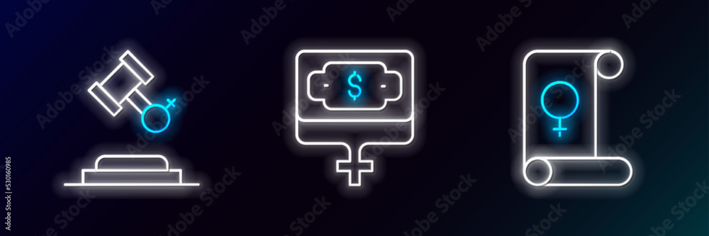 Set line Feminism, Female rights and Money growth woman icon. Glowing neon. Vector
