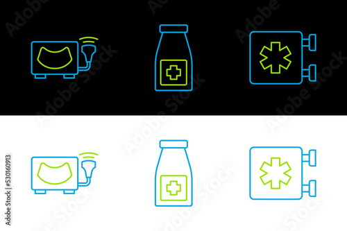 Set line Emergency - Star of Life, Ultrasound and Medicine bottle and pills icon. Vector