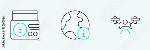 Set line Drone, News radio channel and World news icon. Vector