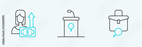 Set line Work for female, Money growth woman and Debate podium rostrum icon. Vector