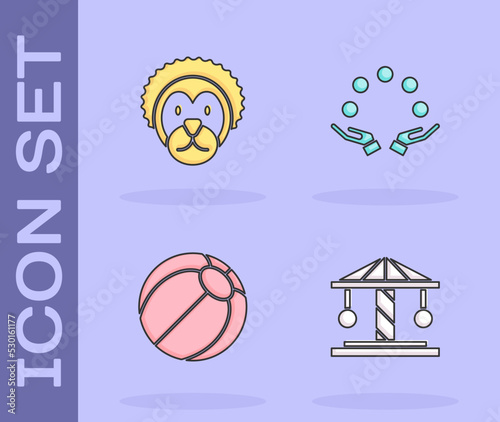 Set Attraction carousel, Wild lion, Beach ball and Juggling icon. Vector