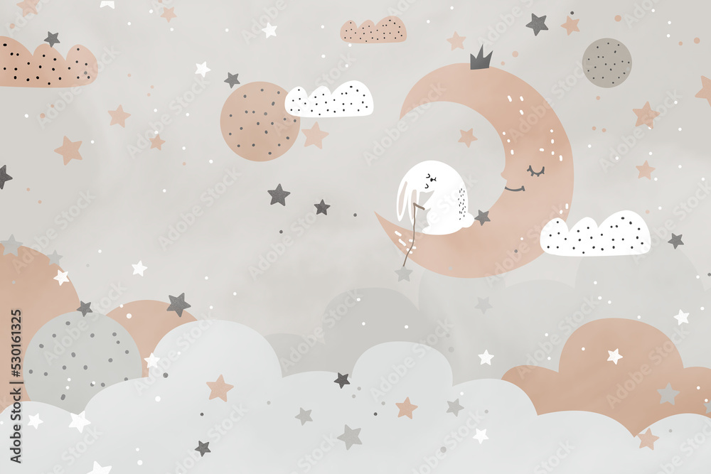 Clouds and Cute Rabbit, Kids room wallpaper design - obrazy, fototapety, plakaty 