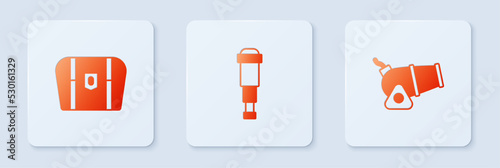 Set Spyglass telescope lens, Antique treasure chest and Cannon. White square button. Vector