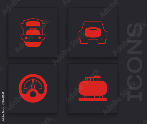 Set Oil tank storage, tanker ship, Spare wheel in the car and Motor gas gauge icon. Vector