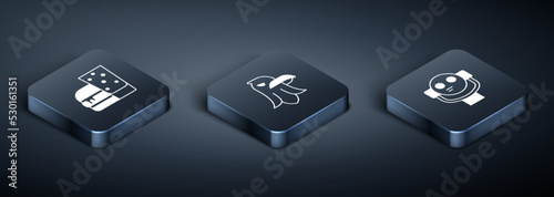 Set Isometric Burger, Tourist binoculars and Eagle icon. Vector