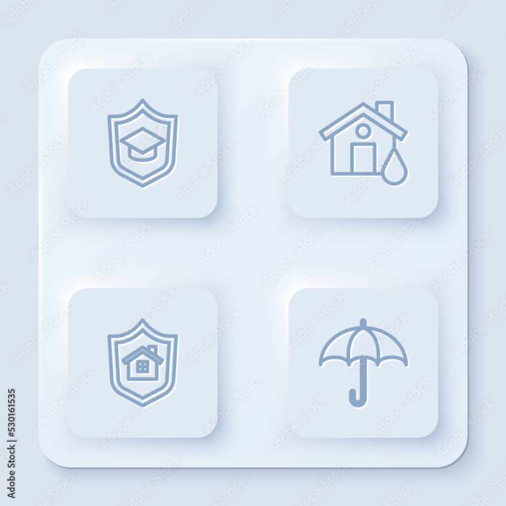 Set line Graduation cap with shield, House flood, and Umbrella. White square button. Vector Set line Graduation cap with shield, House flood, and Umbrella. White square button. Vector
