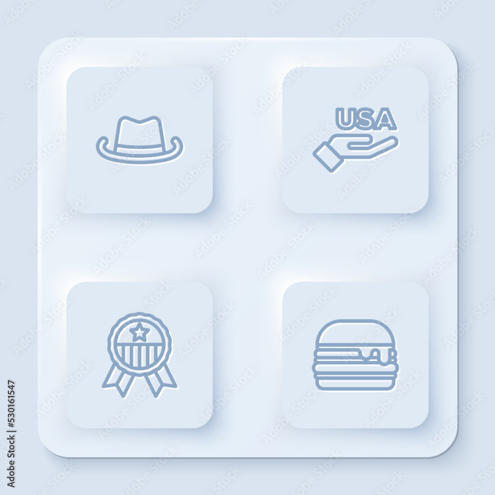 Set line Western cowboy hat, USA Independence day, Medal with star and Burger. White square button. Vector