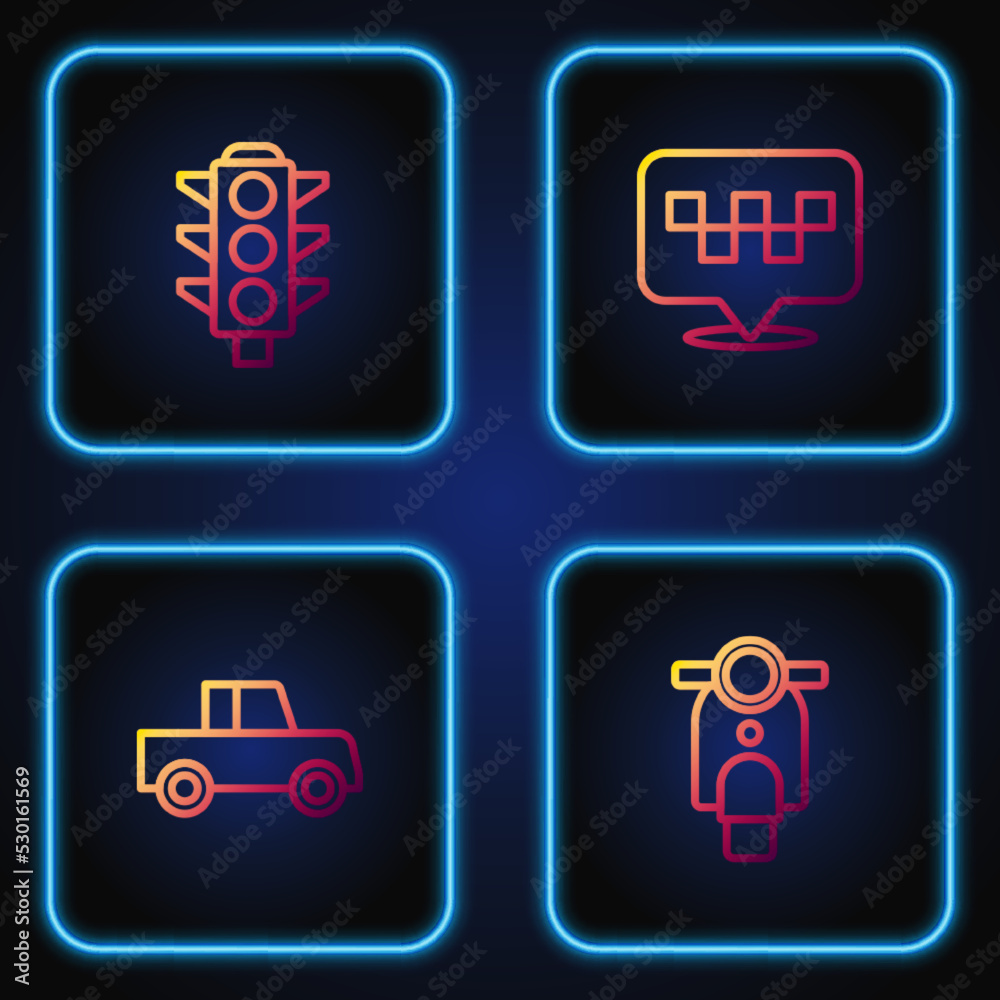Set line Scooter, Car, Traffic light and Location with taxi. Gradient color icons. Vector Set line Scooter, Car, Traffic light and Location with taxi. Gradient color icons. Vector