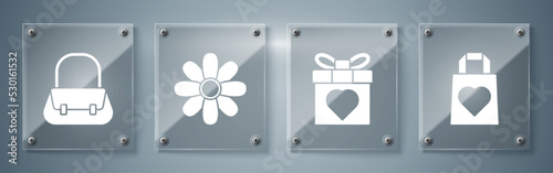 Set Shopping bag with heart, Gift box and heart, Flower and Handbag. Square glass panels. Vector