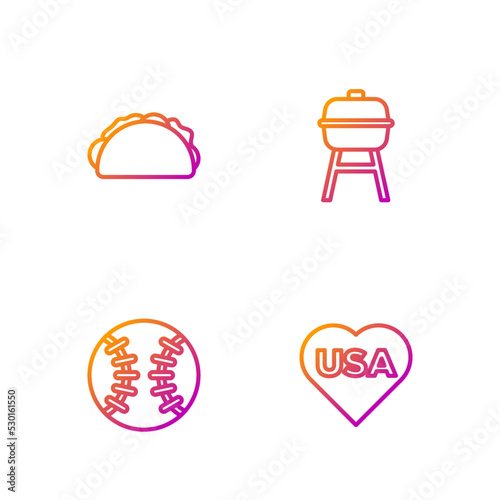 Set line USA Independence day, Baseball ball, Taco with tortilla and Barbecue grill. Gradient color icons. Vector