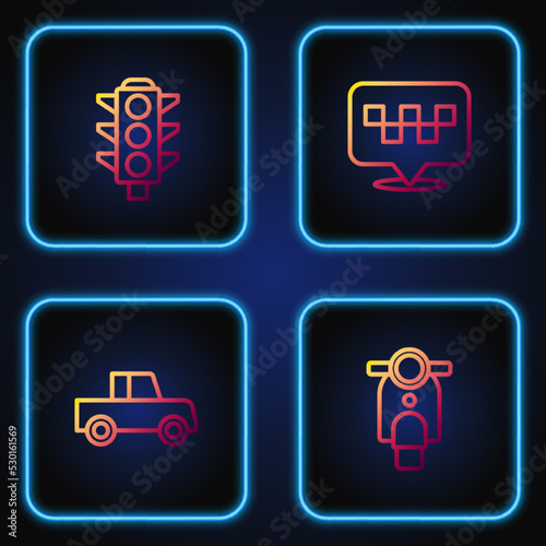 Set line Scooter, Car, Traffic light and Location with taxi. Gradient color icons. Vector