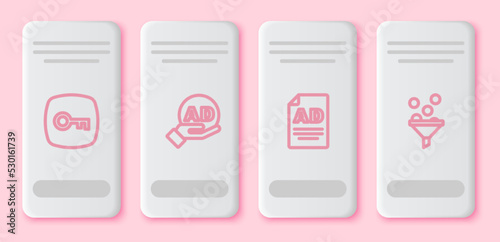 Set line Key, Advertising, and Lead management. White rectangle button. Vector