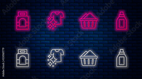 Set line Drying clothes, Basin with soap suds, Laundry detergent and Bottle for cleaning agent. Glowing neon icon on brick wall. Vector