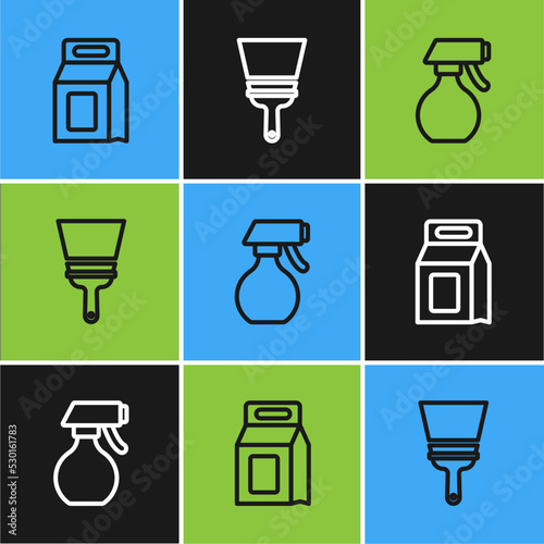 Set line Laundry detergent, Water spray bottle and Rubber cleaner for windows icon. Vector