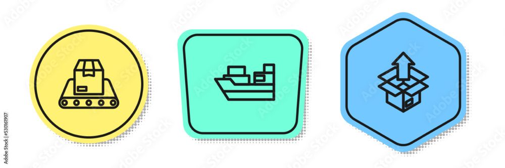 Set line Conveyor belt with box, Cargo ship boxes delivery and Unboxing. Colored shapes. Vector Set line Conveyor belt with box, Cargo ship boxes delivery and Unboxing. Colored shapes. Vector
