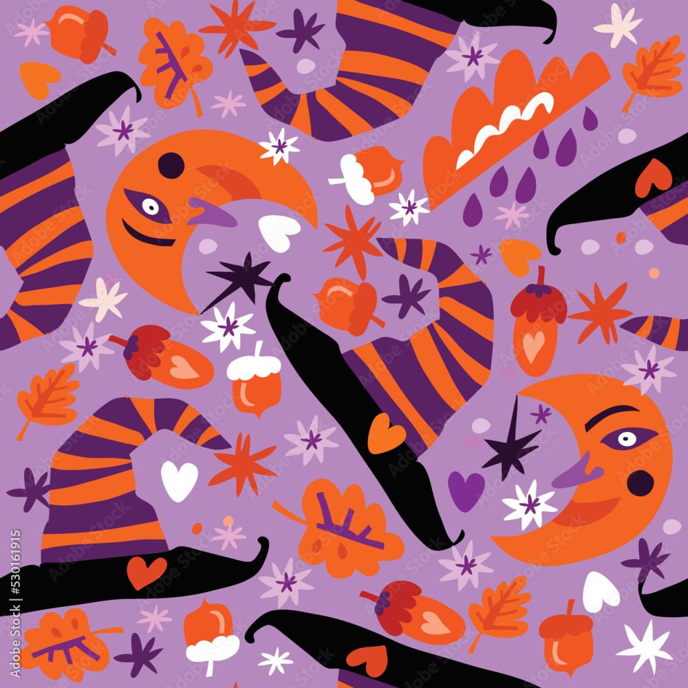 Happy Halloween seamless pattern   Pumpkin, bat, ghost, skull, star, owl, spider , hat. Vector cartoon illustration background
