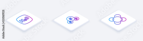 Set Isometric line Chemical formula H2O, Sulfur dioxide SO2 and Molecule. White square button. Vector