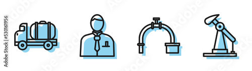 Set line Industry pipe and valve, Tanker truck, Businessman or stock market trader and Oil pump or pump jack icon. Vector