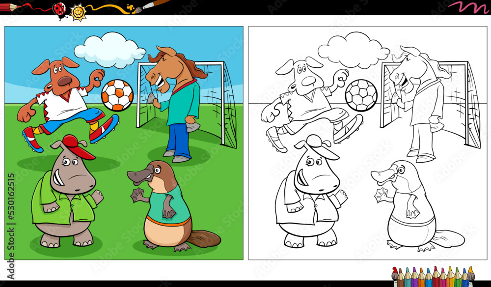 Naklejka premium cartoon animals group playing soccer coloring page
