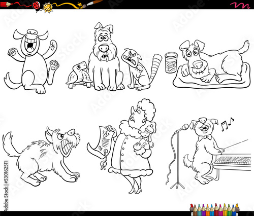 cartoon dogs and pets animal characters set coloring page
