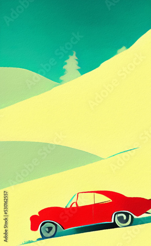 Retro red sport car riding on the road and mountains landscape on background. Mountain road and vintage car retro style flat illustration in minimalist style. Old american artwork style. Poster print