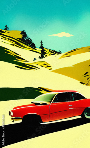 Retro red sport car riding on the road and mountains landscape on background. Mountain road and vintage car retro style flat illustration in minimalist style. Old american artwork style. Poster print
