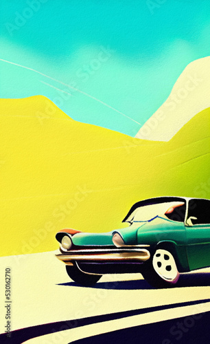 Retro red sport car riding on the road and mountains landscape on background. Mountain road and vintage car retro style flat illustration in minimalist style. Old american artwork style. Poster print