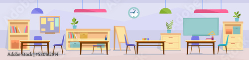 Empty classroom in school or nursery. Class room in kindergarten or college with desks, chairs, and a chalkboard ready for a lesson. Cartoon style background. Class interior vector illustration.