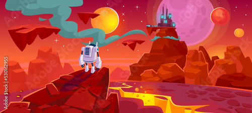 Cosmic game background. Outer space planet with lava in a surface crack, an alien character and a colony on a mountain. Astronaut on a Mars futuristic scene. Cartoon style vector illustration.