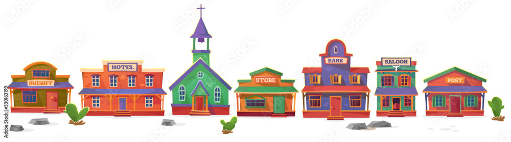 Set of wooden buildings isolated on white background. A town in the wild west USA with a jail, hotel, church, bank, saloon, post, store and shop for a cowboy game UI. Cartoon style vector illustration