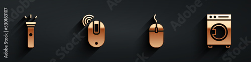 Set Flashlight, Wireless computer mouse, Computer mouse and Washer icon with long shadow. Vector