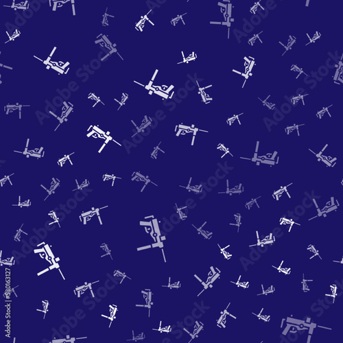 White Submachine gun M3, Grease gun icon isolated seamless pattern on blue background. Vector