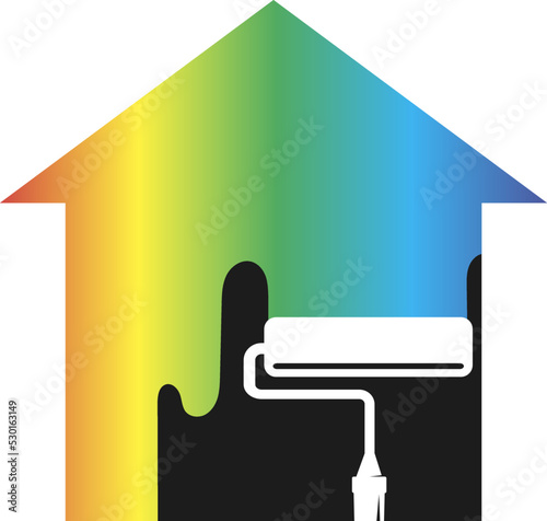 A roller with colored paint and a house. Symbol for house painter and painting work