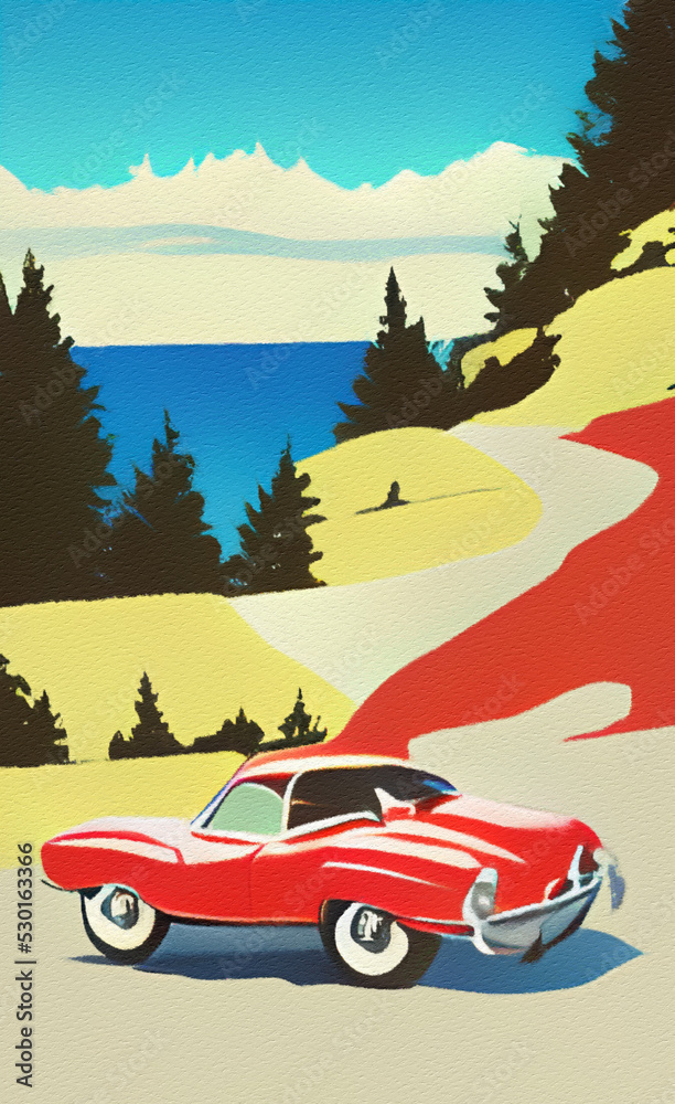 Retro red sport car riding on the road and mountains landscape on background. Mountain road and vintage car retro style flat illustration in minimalist style. Old american artwork style. Poster print