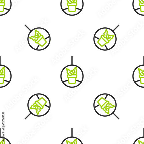 Line Plant in hanging pot icon isolated seamless pattern on white background. Decorative macrame handmade hangers for flower pot, hang indoor plants. Vector