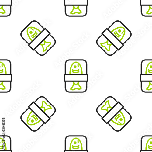Line Fish plastic tray container with cellophane cover icon isolated seamless pattern on white background. Vector