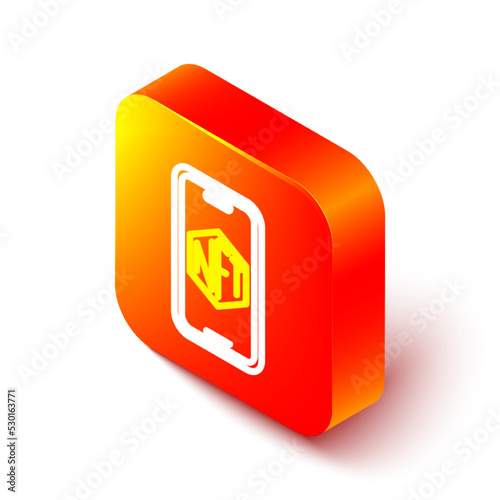 Isometric line Mobile with art store app icon isolated on white background. Technology of selling NFT tokens for cryptocurrency. Non fungible token. Orange square button. Vector