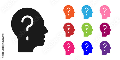 Black Human head with question mark icon isolated on white background. Set icons colorful. Vector