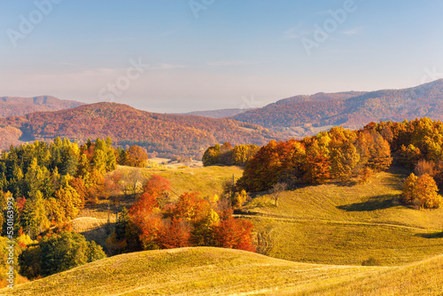 Landscape of hills in autumn colors. The Stiavnica Mountains, volcanic mountain range southern central Slovakia, Europe.